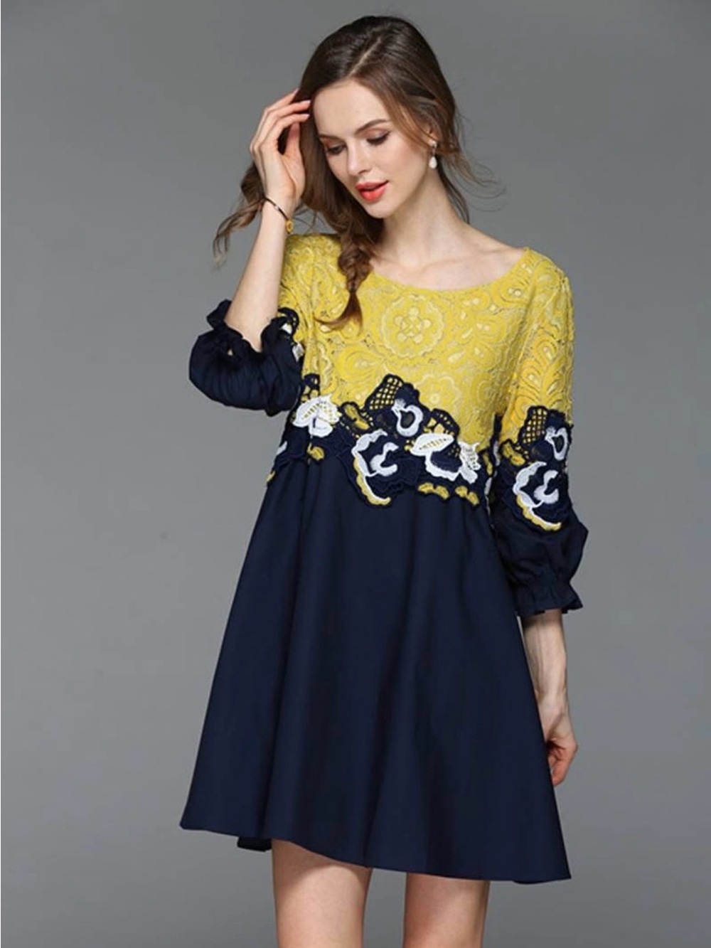 KAIMILAN Yellow and Navy Floral Lace Mini Dress Small